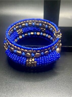 Vintage cobalt blue seed bead cuff bracelet wide statement bracelet boho artisan